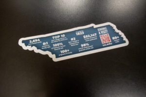 Die cut product in the shape of the state of Tennessee with statistics from Union University